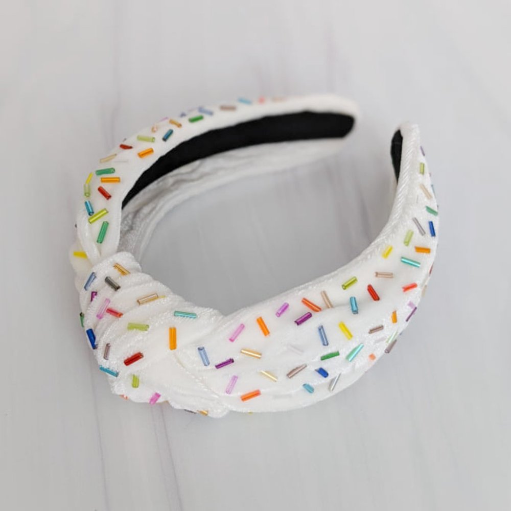 Ivory Confetti Beaded Knot Velvet Headband Rainbow Beads Handmade Knotted Turban